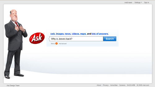 Ask.com interface in 2009