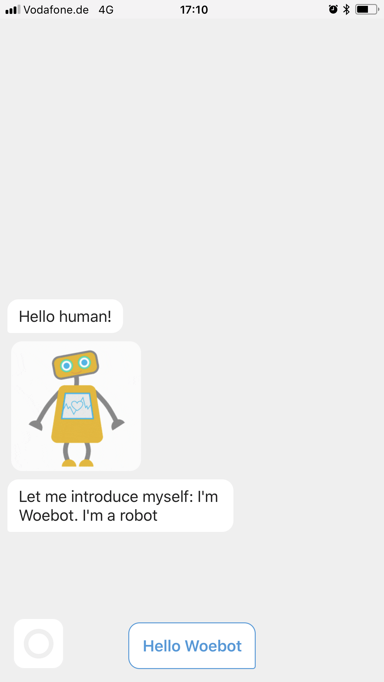 Woebot interface with introductory message