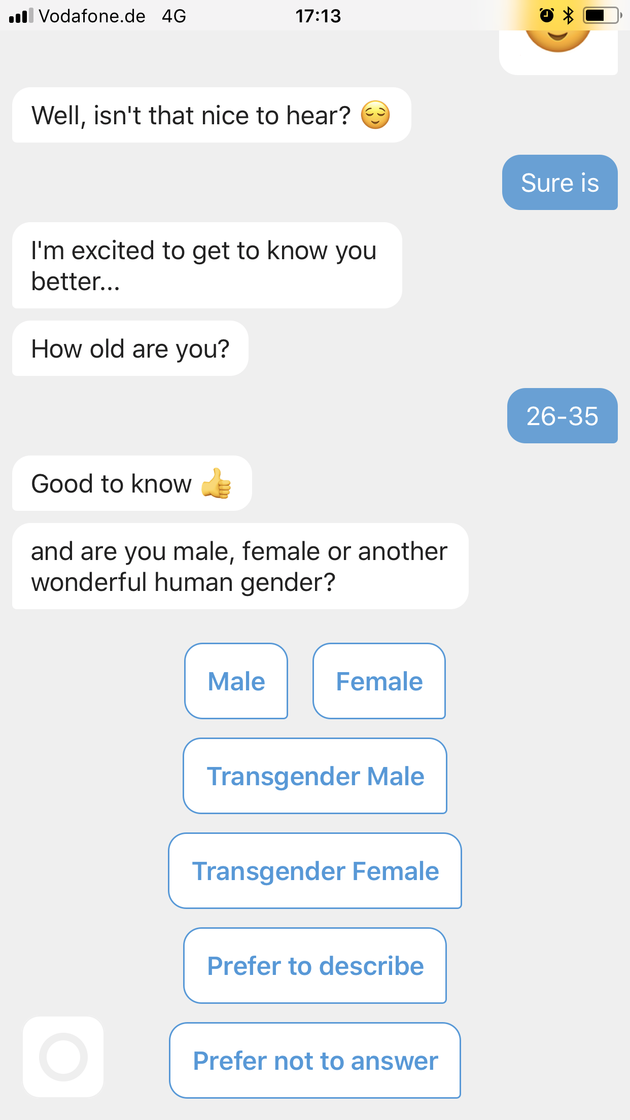 Woebot interface asking for the user’s gender
