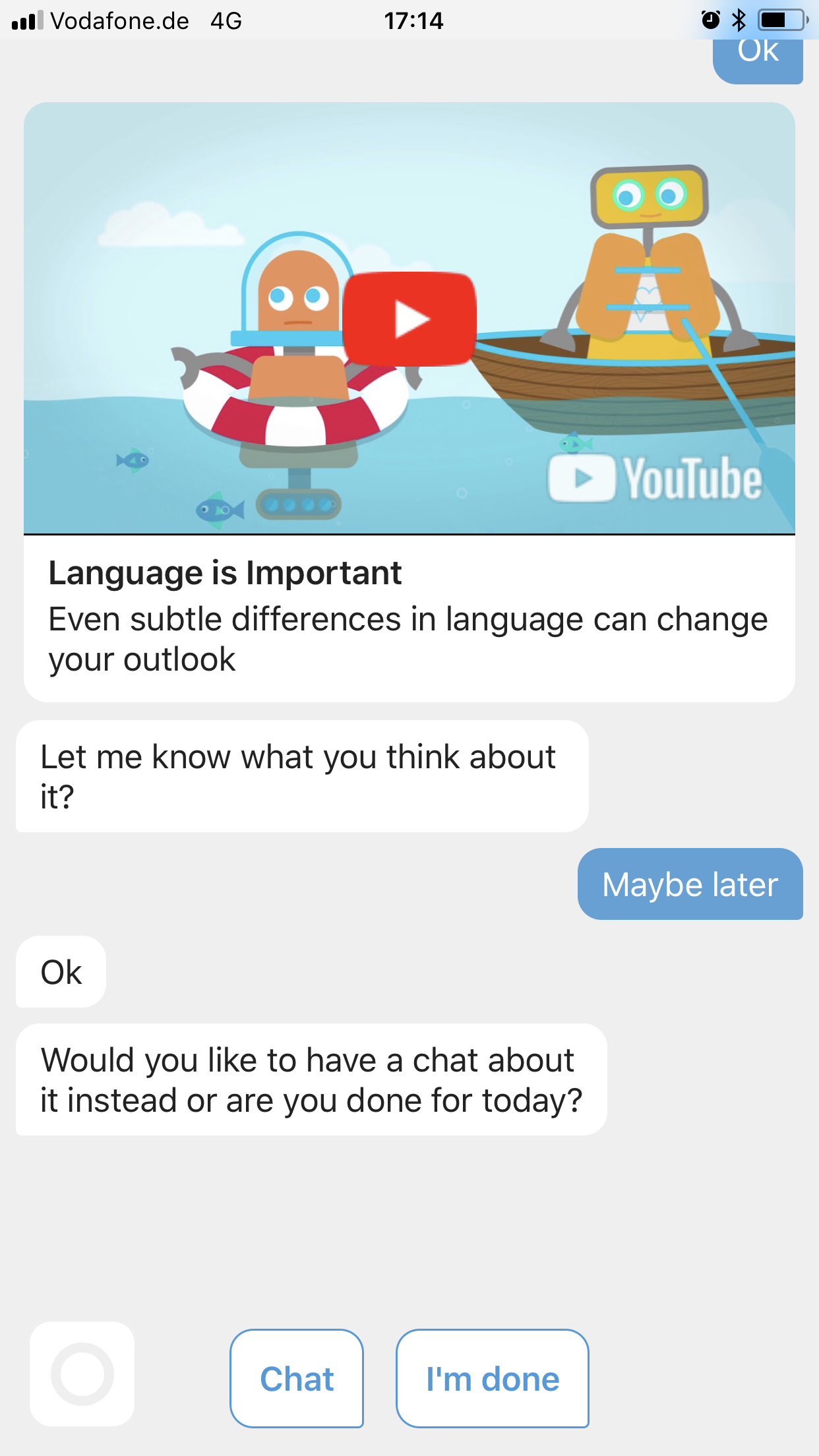 Woebot interface with video and chat options